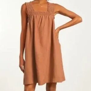 Everlane The Smocked 100% Linen Sleeveless Tawny Dress Brown Tan Dress Large